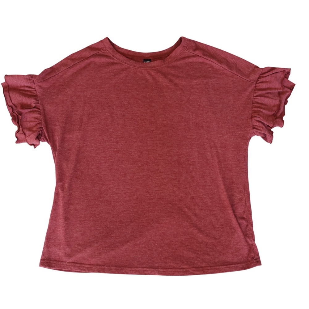 Emery Rose Womens Ruffle Short Sleeve Crew Neck Top Heathered Burgundy Red Large